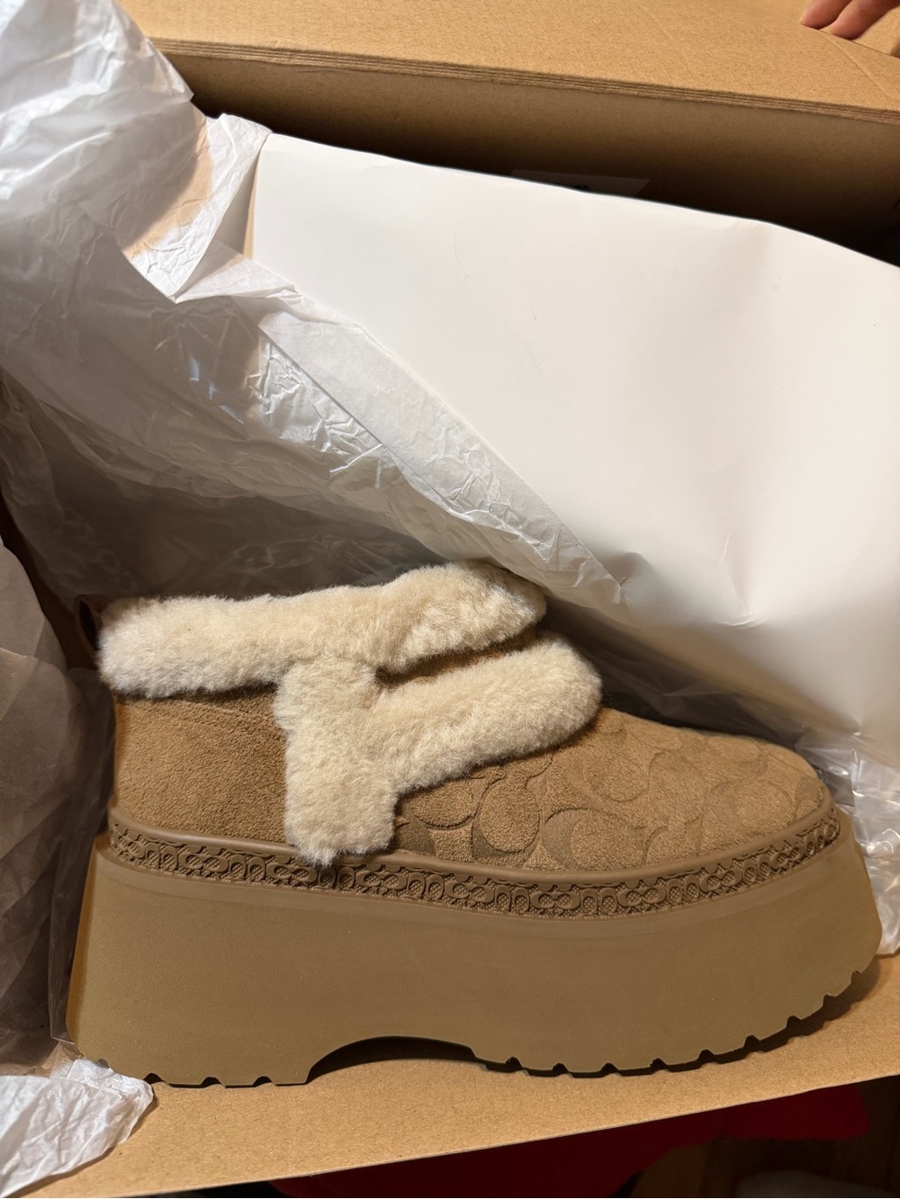 Coach Tan Platform Shearling Embossed Slip-On